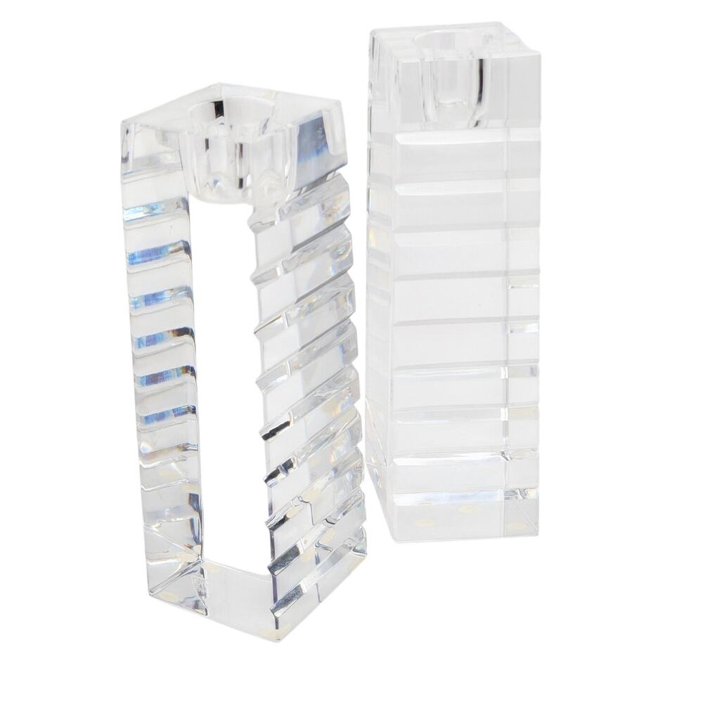 ORREFORS Crystal Pair Taper Candle Rectangular Striped Designer 5023 62 Sweden